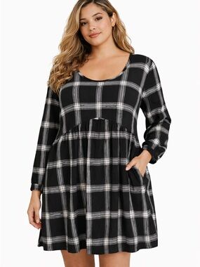Knox Rose Womens Black & White Plaid Boho Long Sleeve Babydoll Tunic Dress XL